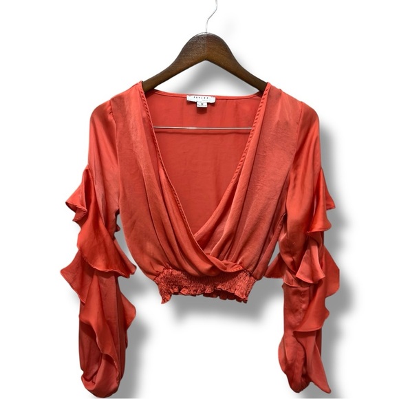 Bundle Set | EUC Coral Ruffle Sleeve Blouse + Black Belted Mini Skirt (Size M) - Picture 2 of 12